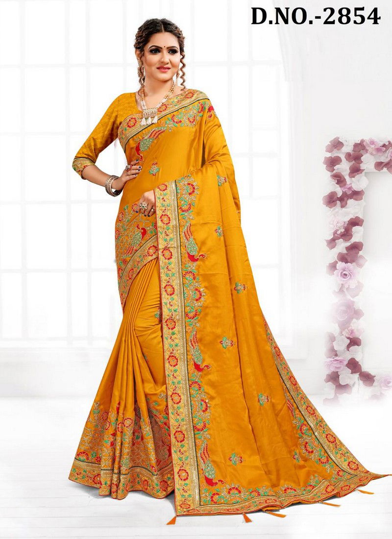 Yellow Colour Latest Designer Fancy wedding Wear Heavy Resham And Coding With jari Embroidery And Stone work Sarees Collection 2854